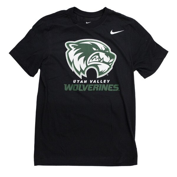 Black Nike Dri-Fit cotton tee with a large mascot logo with stitch lines around the edge to make it look like a patch, UVU athletic logo underneath it and a Nike swoosh on the left chest